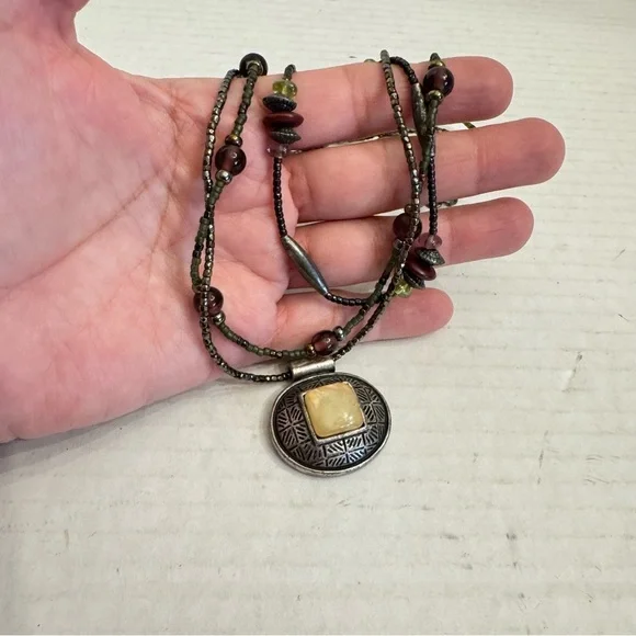 Chico's Multi Beaded String Statement Necklace Choker Green Earth tone Boho - Picture 14 of 16